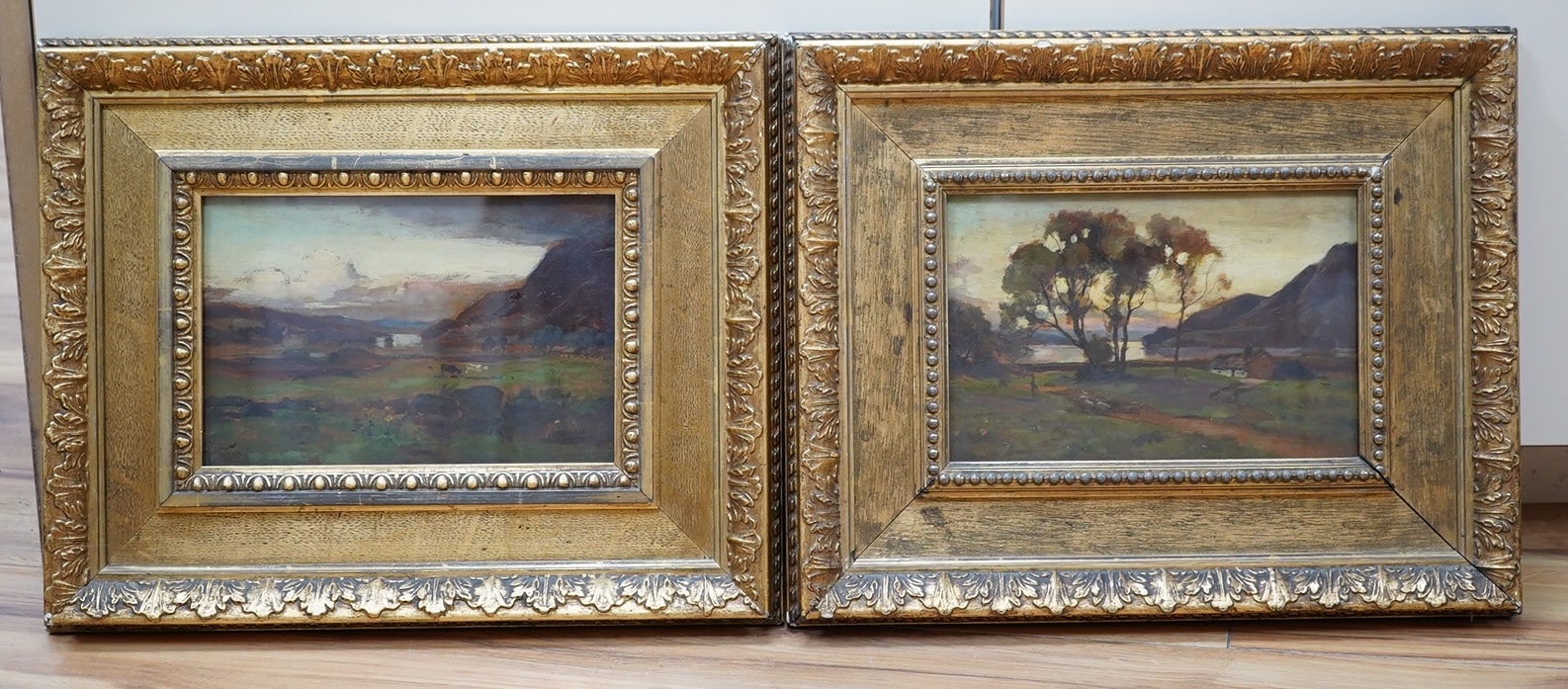 George Gray (Scottish, fl.1874-1889), a pair of gilt framed oils on board, landscape scenes, 14x21cm. Condition - minor damage to frames otherwise good